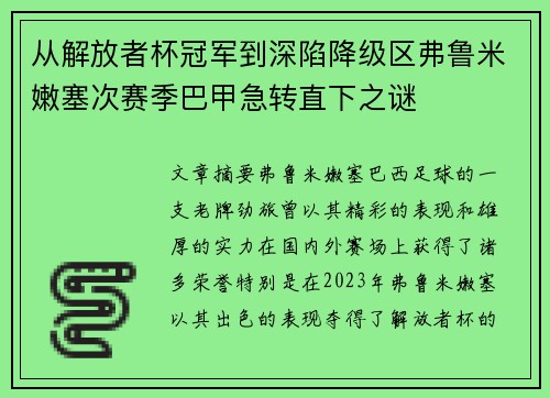 从解放者杯冠军到深陷降级区弗鲁米嫩塞次赛季巴甲急转直下之谜